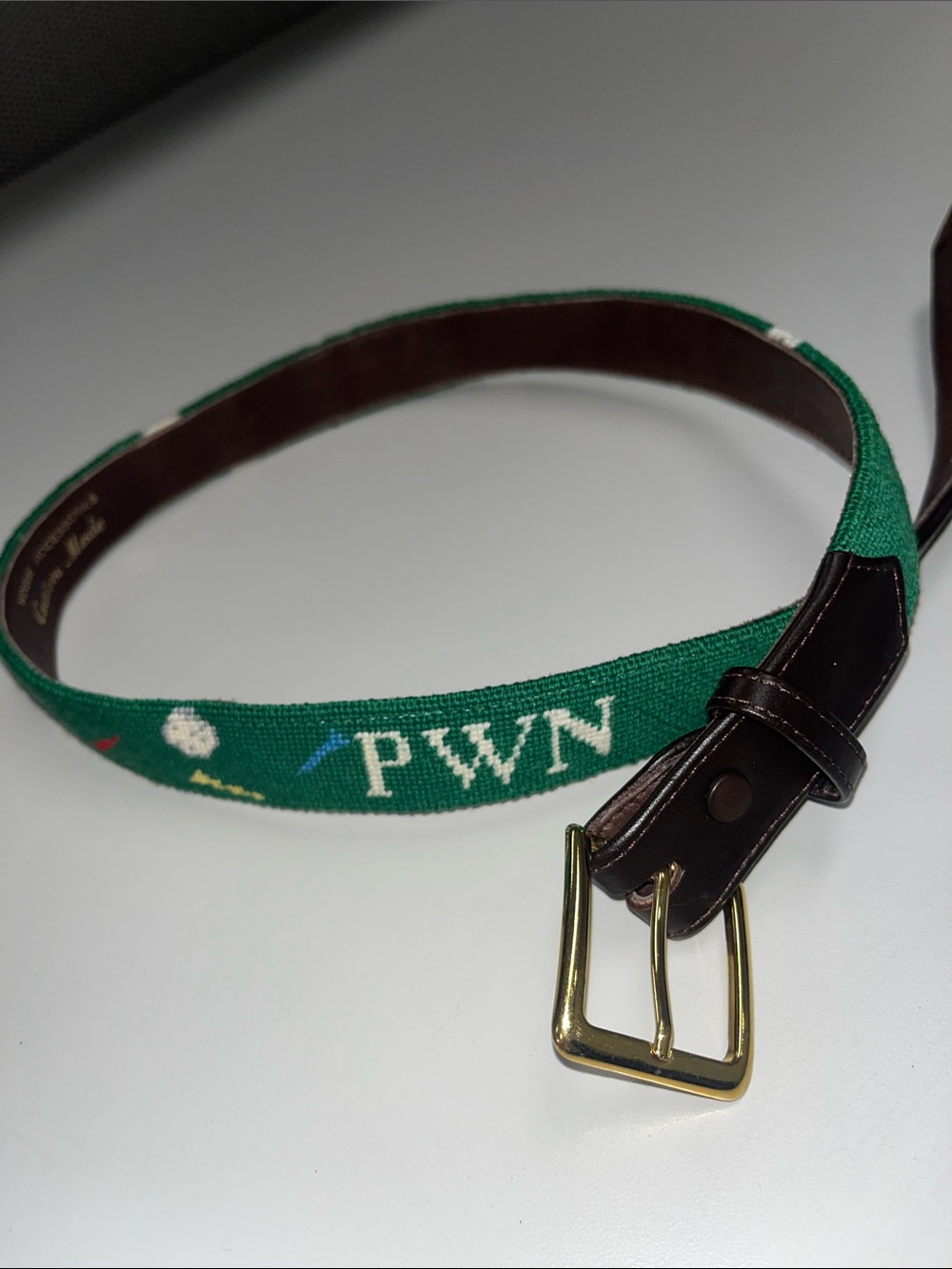 Vogue Accessories Custom Made Green Needlepoint PWN Belt with Brown Leather Trim